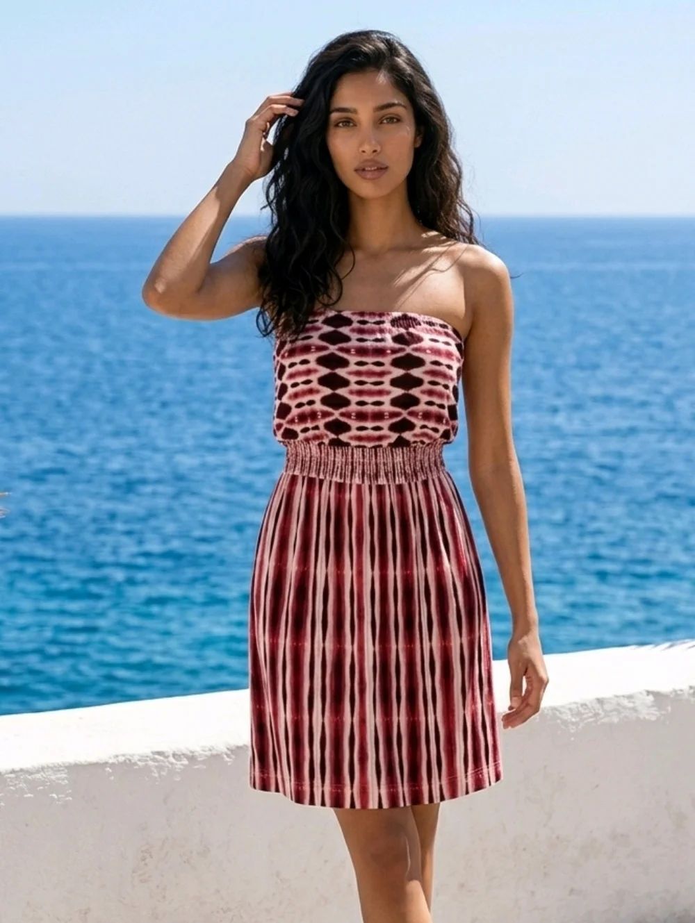 Soma Tie Dye Bandeau Dress XS Strapless Smocked Mini Sundress Soft Knit
